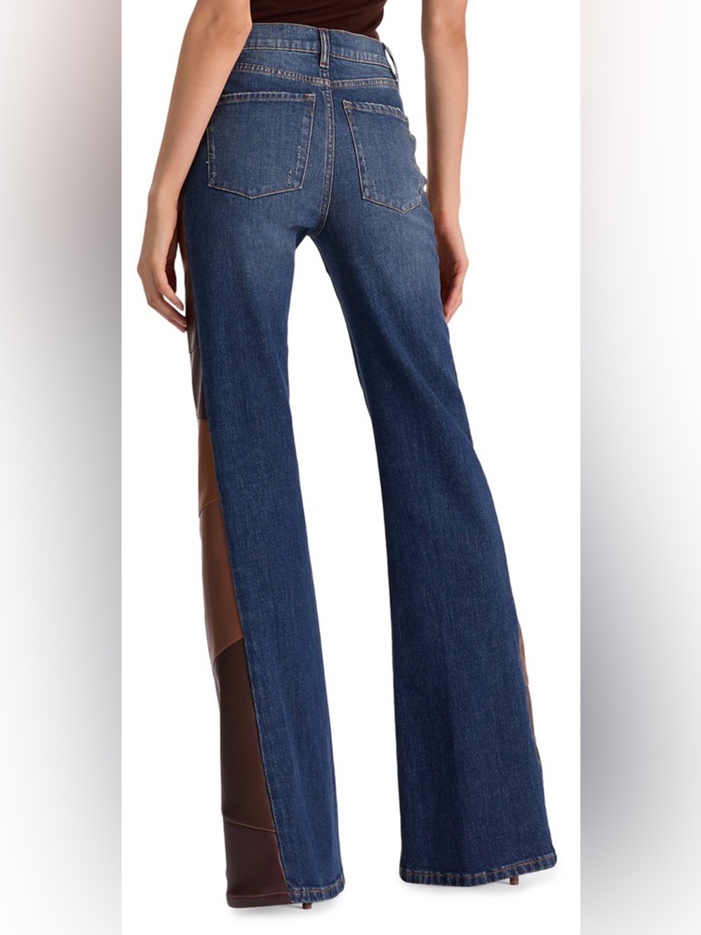 Alice + Olivia Dark Blue Denim Flare Jeans with Brown Patch Panels - Picture 3 of 9